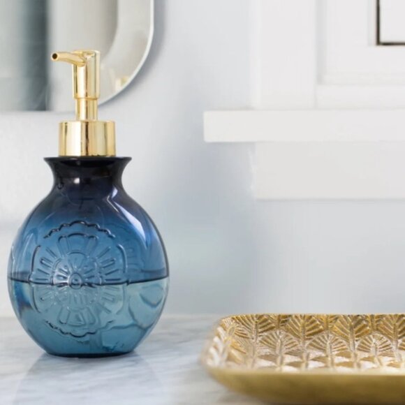 Blue Embossed Plastic with Gold Pump Soap Dispenser - Picture 5 of 5